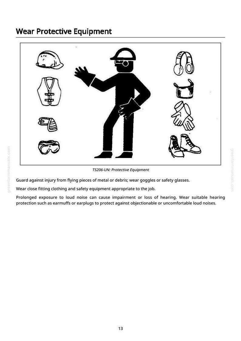 Pu&ograve; includere: Illustrazione in bianco e nero intitolata "Wear Protective Equipment". Raffigura vari elementi di sicurezza: un casco, un giubbotto, paraorecchie, guanti, stivali e occhiali protettivi. Una sagoma indica l'attrezzatura.