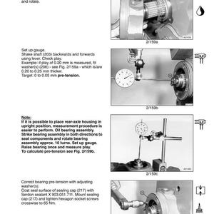 May include: Diagram of a PTO gear train assembly process, including steps for mounting, setting up gauges, and adjusting washers. The image shows close-up views of mechanical components with measurement tools.