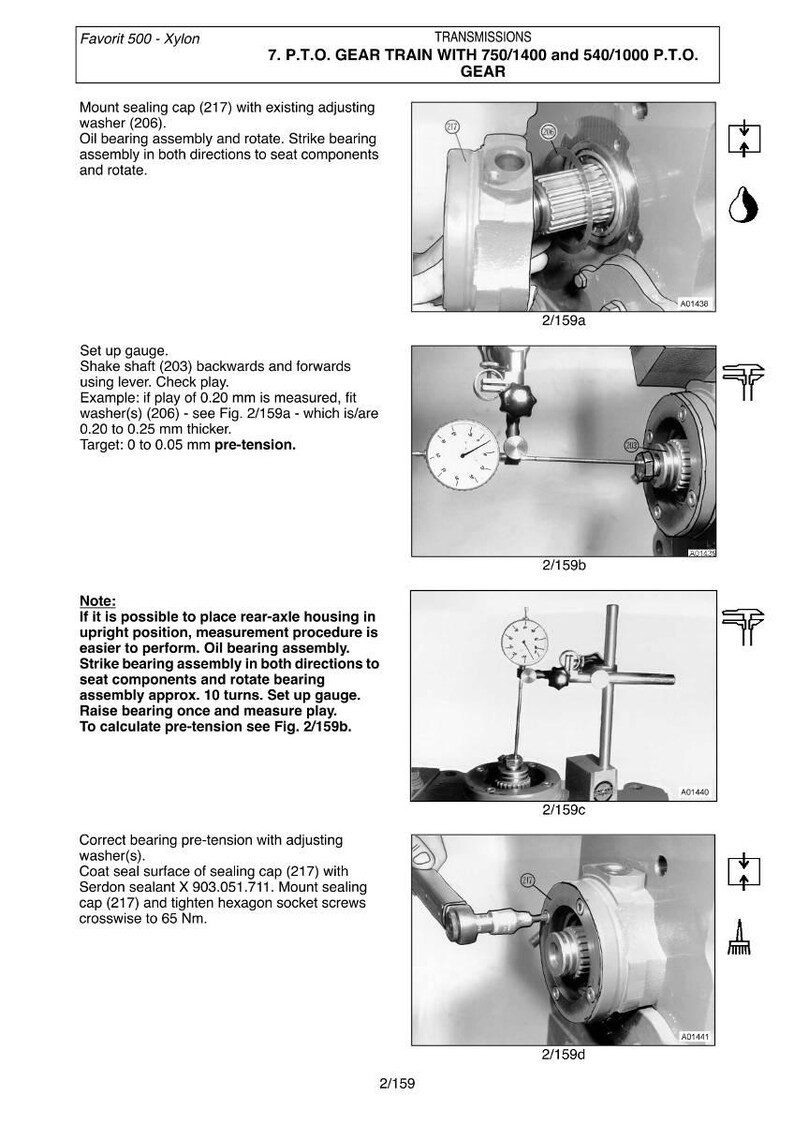 May include: Diagram of a PTO gear train assembly process, including steps for mounting, setting up gauges, and adjusting washers. The image shows close-up views of mechanical components with measurement tools.