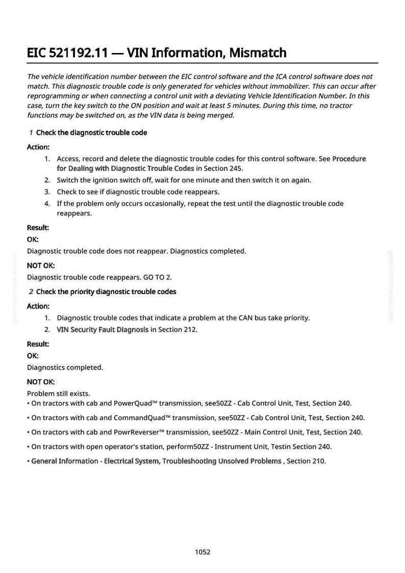Puede incluir: Documento t&eacute;cnico titulado "EIC 521192.11 - Informaci&oacute;n VIN, Desajuste". El texto detalla los procedimientos de diagn&oacute;stico para problemas de n&uacute;mero de identificaci&oacute;n del veh&iacute;culo, incluida la comprobaci&oacute;n de c&oacute;digos de diagn&oacute;stico.