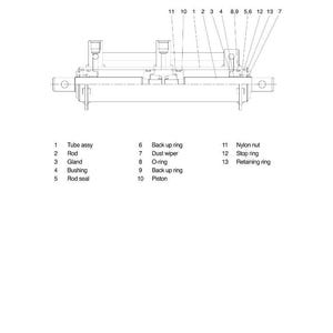May include: Diagram of a coupler cylinder with labeled parts. Key components include tube assembly, rod, gland, bushing, rod seal, back up ring, dust wiper, O-ring, piston, nylon nut, stop ring, and retaining ring.