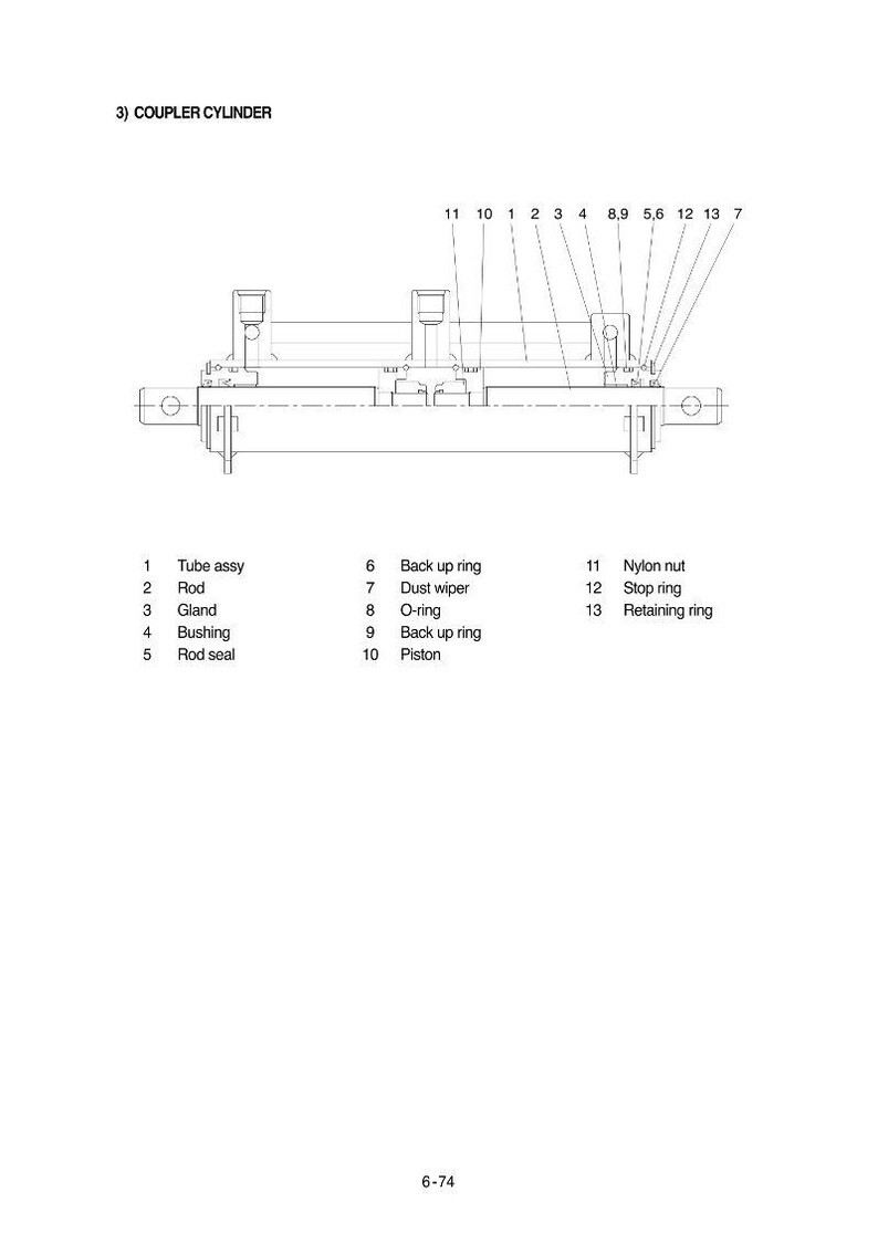 May include: Diagram of a coupler cylinder with labeled parts. Key components include tube assembly, rod, gland, bushing, rod seal, back up ring, dust wiper, O-ring, piston, nylon nut, stop ring, and retaining ring.