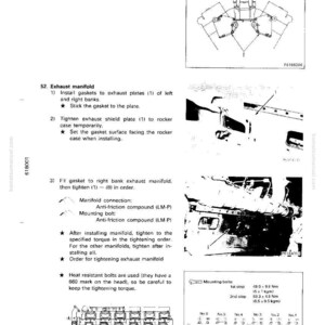 May include: A technical diagram from a manual, detailing exhaust manifold installation steps. Includes illustrations of components, torque specifications, and diagrams for bracket and gasket placement. Text includes instructions and warnings.