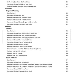 Peut inclure: Une table des mati&egrave;res d&eacute;taill&eacute;e d'un manuel, &eacute;num&eacute;rant diverses proc&eacute;dures d'entretien des machines. Le texte comprend des sections sur les courroies, l'hydraulique, les moteurs et les vannes, avec les num&eacute;ros de page correspondants. Document de greenfarmmanuals.com.
