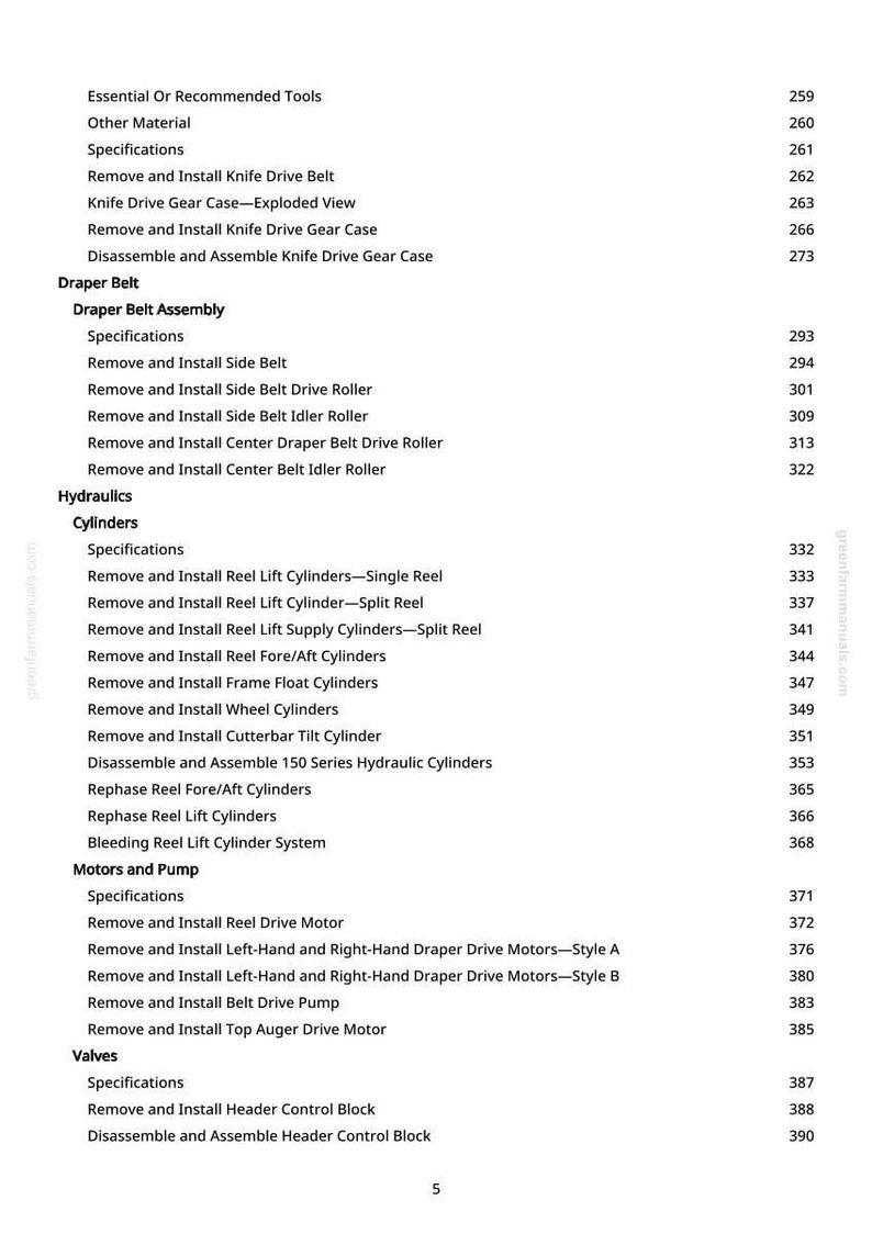 Peut inclure: Une table des mati&egrave;res d&eacute;taill&eacute;e d'un manuel, &eacute;num&eacute;rant diverses proc&eacute;dures d'entretien des machines. Le texte comprend des sections sur les courroies, l'hydraulique, les moteurs et les vannes, avec les num&eacute;ros de page correspondants. Document de greenfarmmanuals.com.