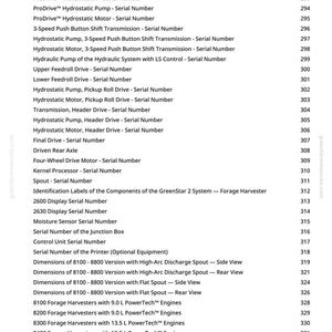 K&ouml;nnte beinhalten: Eine detaillierte Liste von Seriennummern und Spezifikationen f&uuml;r Landmaschinen, einschlie&szlig;lich Komponenten wie hydrostatischen Pumpen, Motoren und Anzeigeeinheiten. Das Dokument listet auch Abmessungen und Motordaten f&uuml;r verschiedene Feldh&auml;cksler auf.