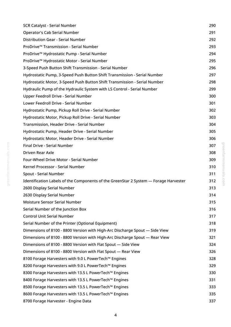 K&ouml;nnte beinhalten: Eine detaillierte Liste von Seriennummern und Spezifikationen f&uuml;r Landmaschinen, einschlie&szlig;lich Komponenten wie hydrostatischen Pumpen, Motoren und Anzeigeeinheiten. Das Dokument listet auch Abmessungen und Motordaten f&uuml;r verschiedene Feldh&auml;cksler auf.