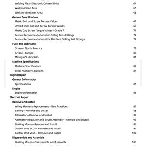 May include: A white page from a manual with a table of contents. The text includes topics like engine repair, electrical repair, and machine specifications. Page numbers are listed on the right.