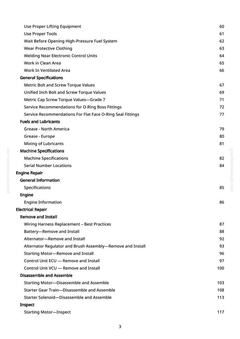 May include: A white page from a manual with a table of contents. The text includes topics like engine repair, electrical repair, and machine specifications. Page numbers are listed on the right.