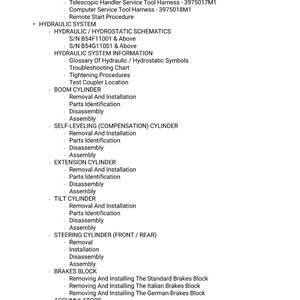 May include: A detailed list of procedures and schematics for a machine's hydraulic system, including remote start tool information, boom cylinder instructions, and brake block procedures. The text is in black font on a white background.