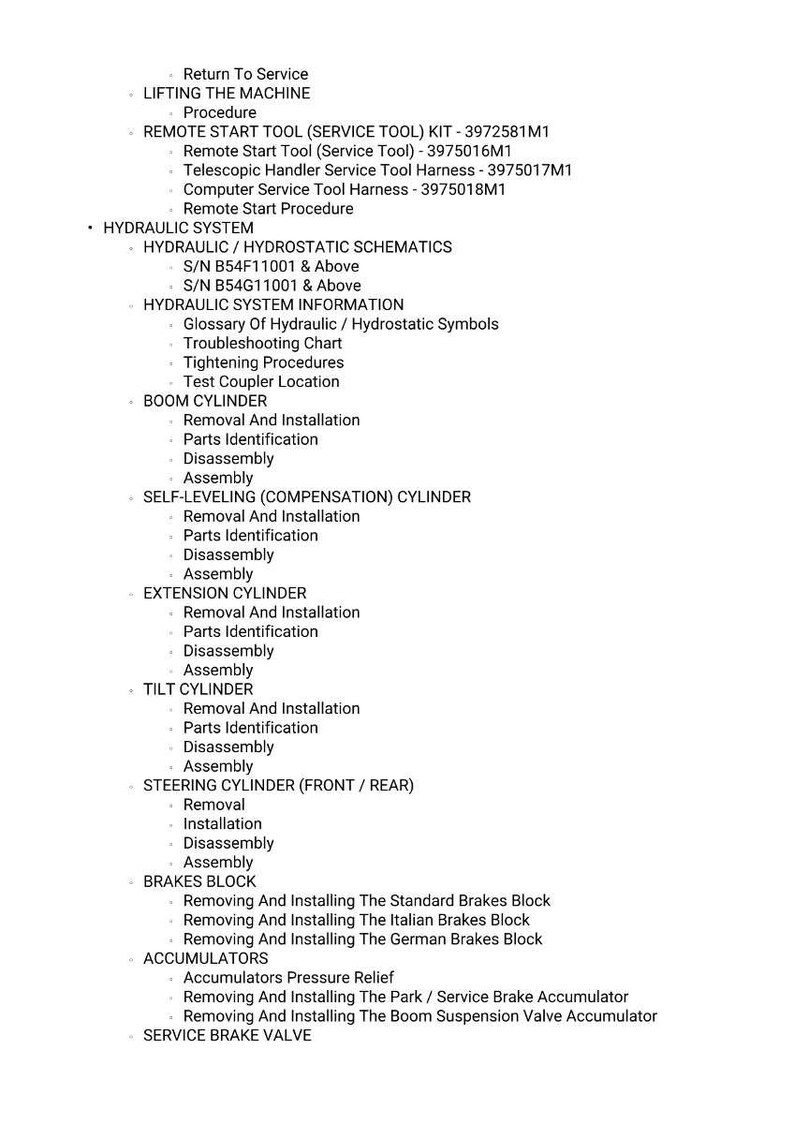 May include: A detailed list of procedures and schematics for a machine's hydraulic system, including remote start tool information, boom cylinder instructions, and brake block procedures. The text is in black font on a white background.