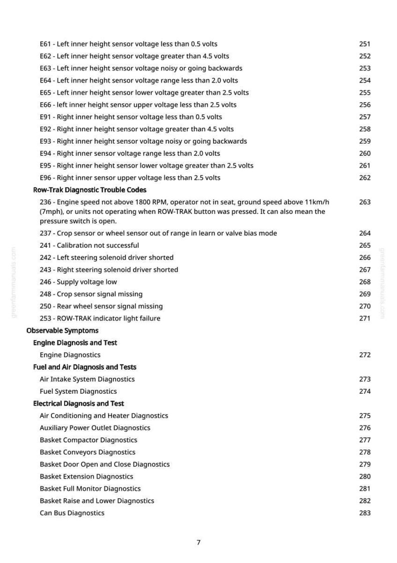 May include: A white page with black text detailing diagnostic trouble codes and observable symptoms. The text includes codes like E61-E96 and 236-253, along with descriptions related to engine and sensor issues.