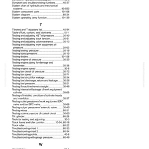 Op de afbeelding: Indexpagina uit een Komatsu-handleiding, met een lijst met technische termen en paginanummers. De pagina bevat secties over testen, probleemoplossing en systeemcomponenten. De tekst is zwart op een witte achtergrond.