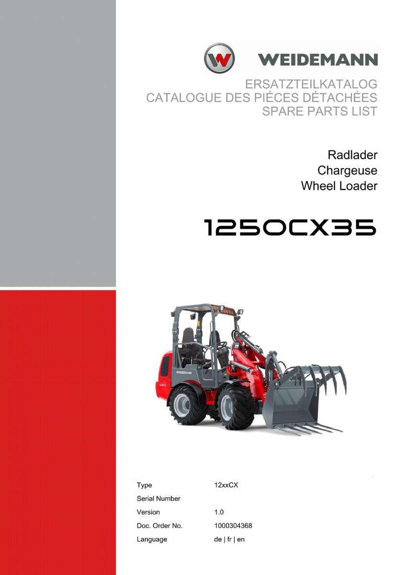Peut inclure: Couverture de catalogue avec un chargeur sur pneus rouge et gris, mod&egrave;le 1250CX35, avec le logo Weidemann. La couverture comprend &eacute;galement le texte "Liste des pi&egrave;ces d&eacute;tach&eacute;es" et d'autres d&eacute;tails techniques.
