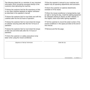 May include: A white document titled "Introduction" with a "Delivery Check List." The checklist includes reminders about lubrication, cutterbar maintenance, and safety precautions for a mower-conditioner. Text is in black.