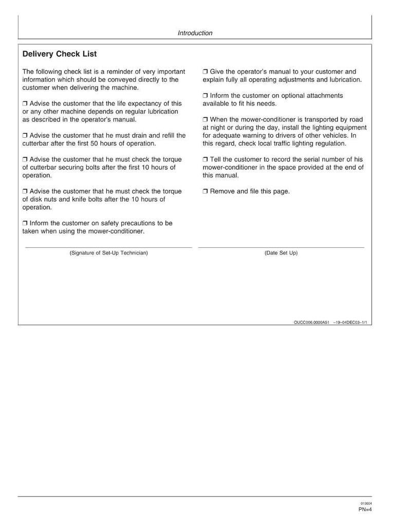 May include: A white document titled "Introduction" with a "Delivery Check List." The checklist includes reminders about lubrication, cutterbar maintenance, and safety precautions for a mower-conditioner. Text is in black.
