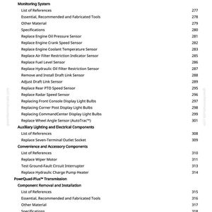 May include: A page from a manual with a table of contents. The text includes "Replace Engine Oil Pressure Sensor", "Replace Wiper Motor", and "Replace Hydraulic Charge Pump Heater". The page numbers are visible.