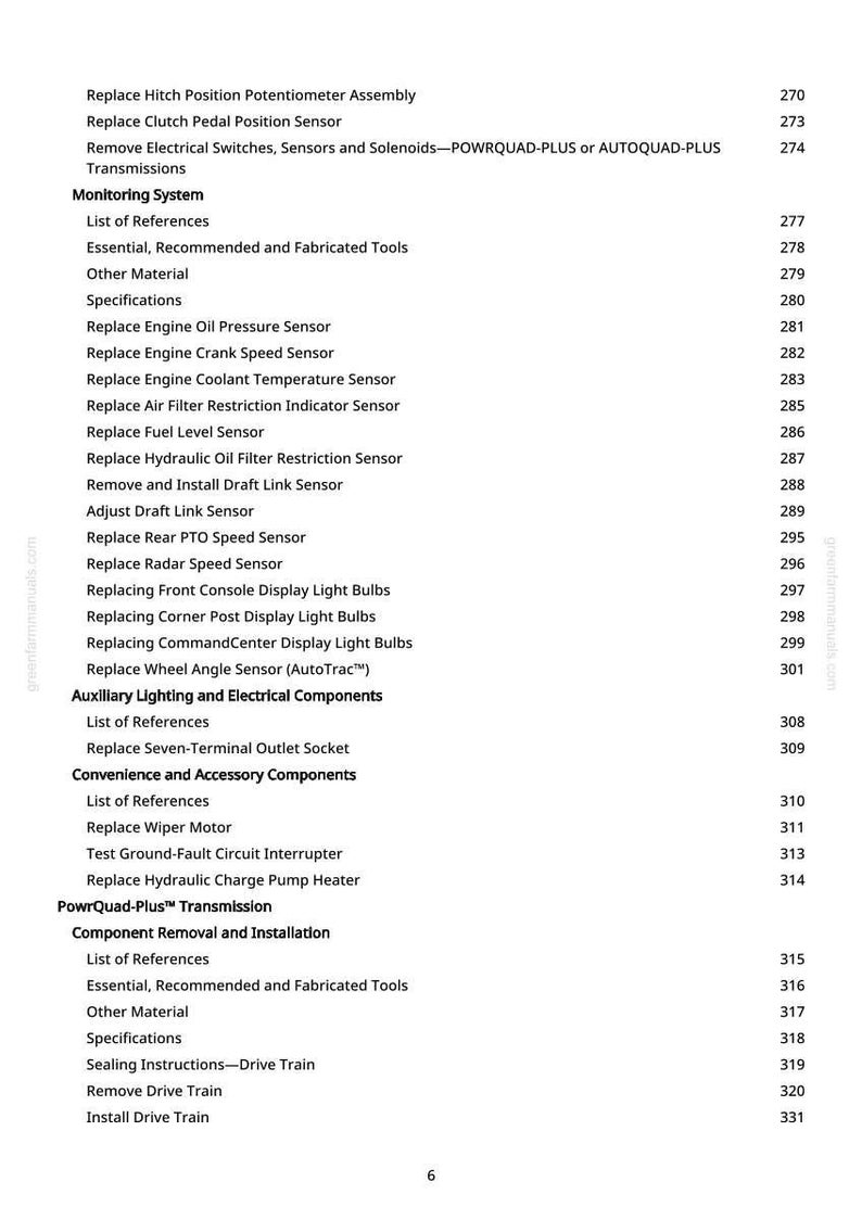 May include: A page from a manual with a table of contents. The text includes "Replace Engine Oil Pressure Sensor", "Replace Wiper Motor", and "Replace Hydraulic Charge Pump Heater". The page numbers are visible.