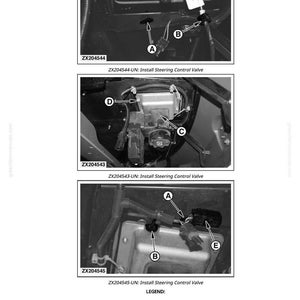 May include: Black and white diagrams detailing the installation of a steering control valve. The diagrams show various components, including clamps, grommets, and connectors. Text labels identify each part for clarity.