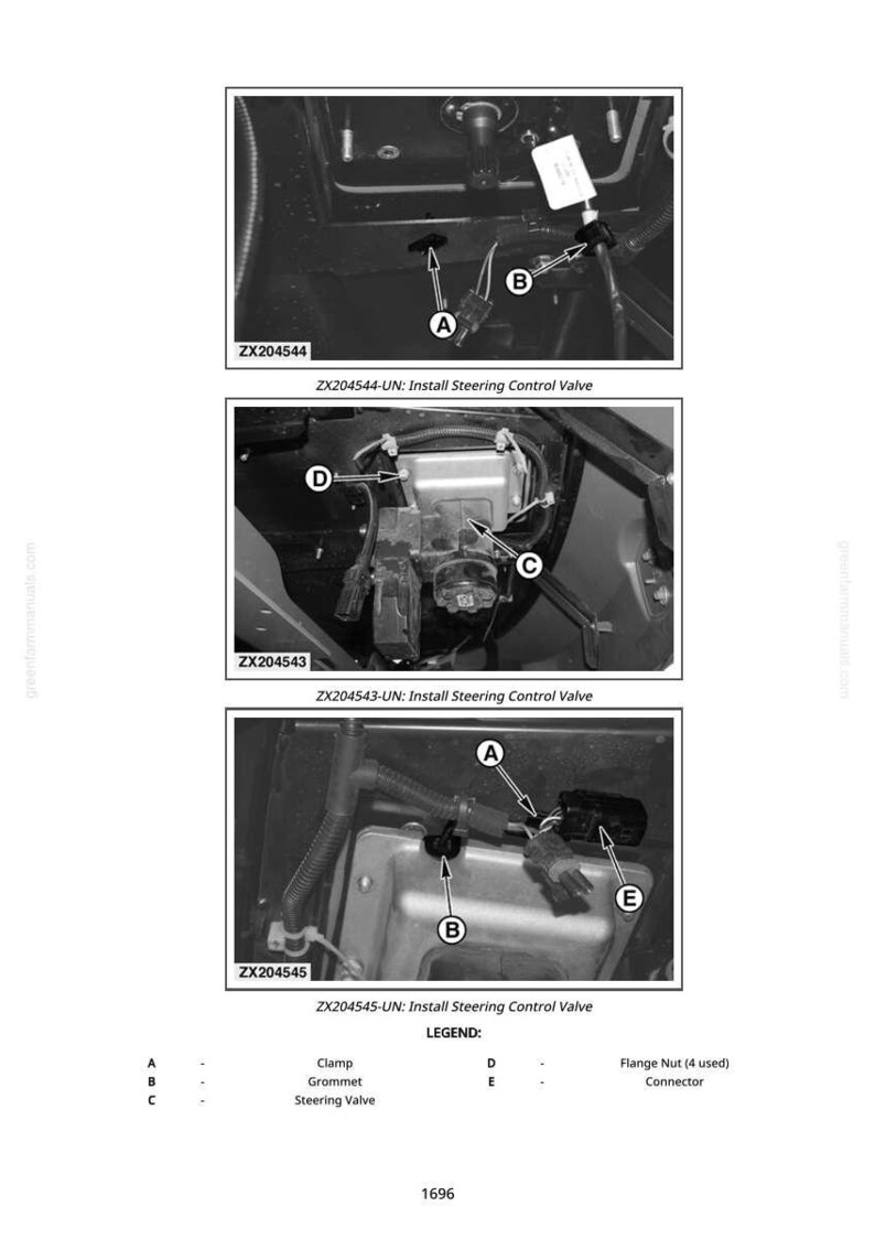 May include: Black and white diagrams detailing the installation of a steering control valve. The diagrams show various components, including clamps, grommets, and connectors. Text labels identify each part for clarity.