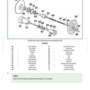 May include: An exploded view diagram of a lower transmission drive, labeled with numbers and names for each part. Includes an inner sheave, cam wheel, cam ring, O-ring, seal, snap ring, inner shaft, and more. Text at the bottom says "NOTE: Remove and replace lubrication fitting (61) as needed."