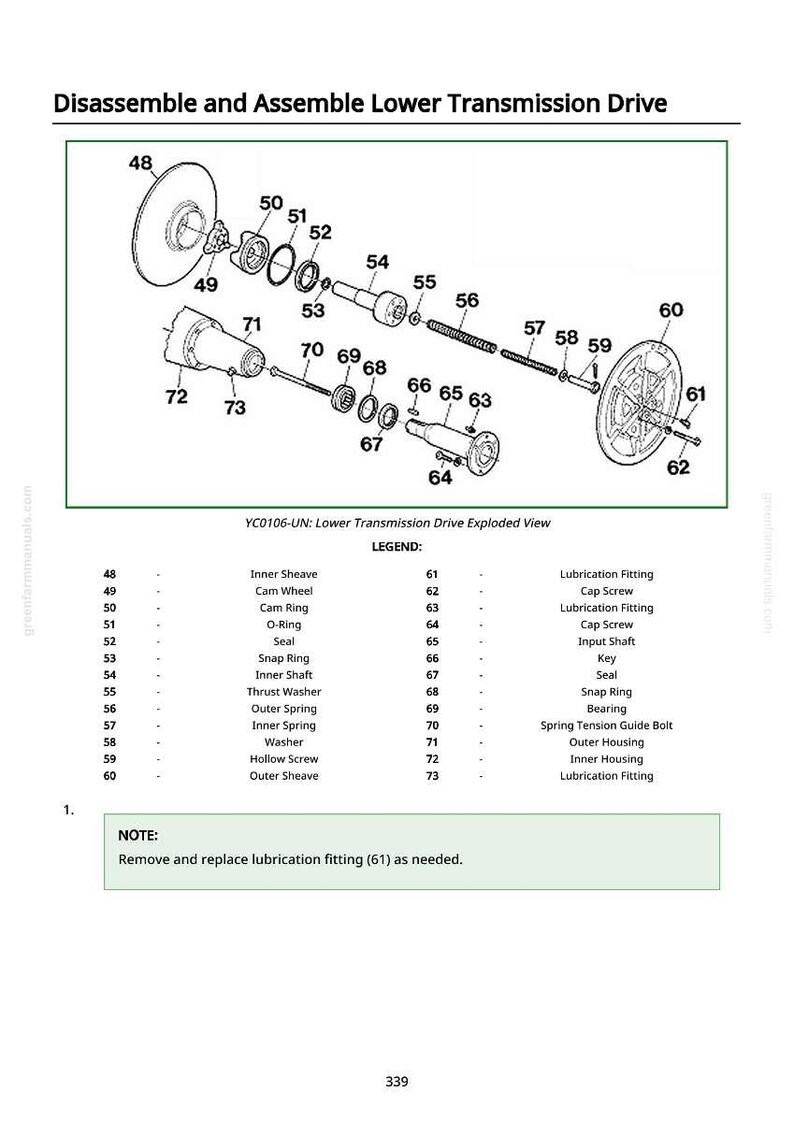 May include: An exploded view diagram of a lower transmission drive, labeled with numbers and names for each part. Includes an inner sheave, cam wheel, cam ring, O-ring, seal, snap ring, inner shaft, and more. Text at the bottom says "NOTE: Remove and replace lubrication fitting (61) as needed."