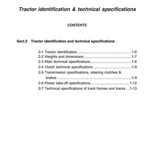 Puede incluir: P&aacute;gina de un manual titulado "Identificaci&oacute;n y especificaciones t&eacute;cnicas del tractor". El documento incluye una introducci&oacute;n, el cap&iacute;tulo 1 y un &iacute;ndice que detalla secciones sobre identificaci&oacute;n del tractor, pesos, dimensiones y especificaciones t&eacute;cnicas.
