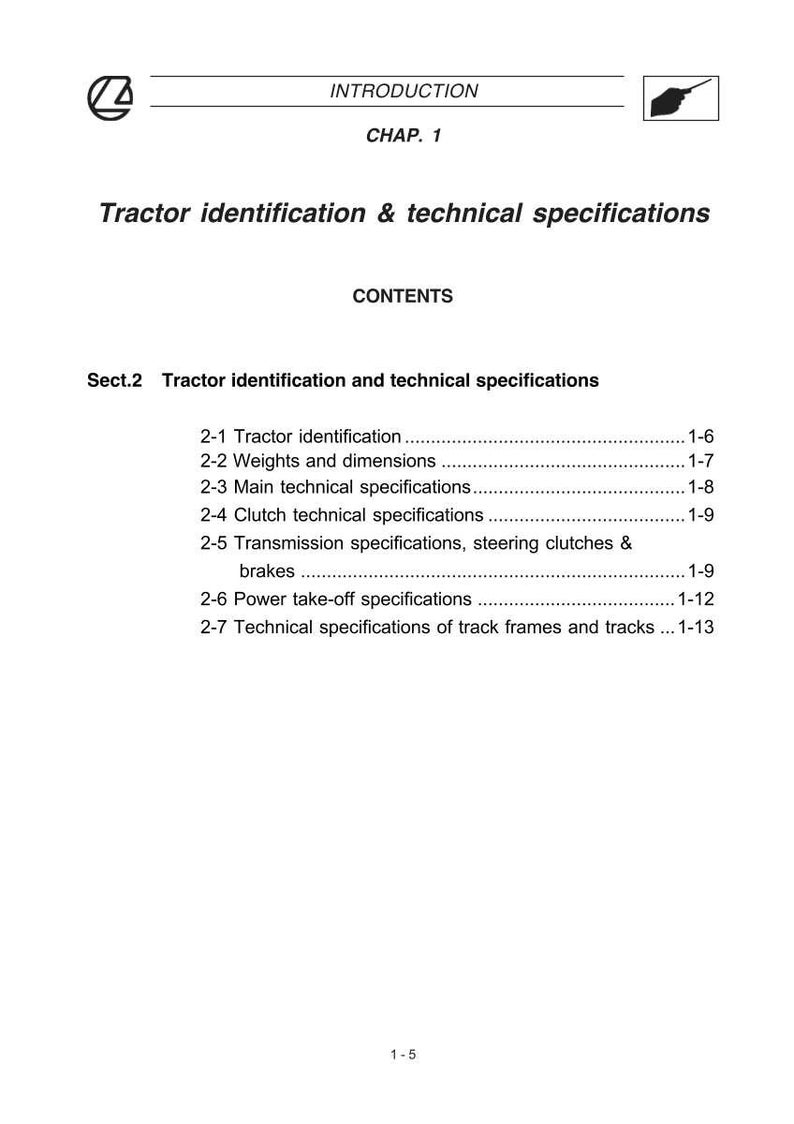 Puede incluir: P&aacute;gina de un manual titulado "Identificaci&oacute;n y especificaciones t&eacute;cnicas del tractor". El documento incluye una introducci&oacute;n, el cap&iacute;tulo 1 y un &iacute;ndice que detalla secciones sobre identificaci&oacute;n del tractor, pesos, dimensiones y especificaciones t&eacute;cnicas.