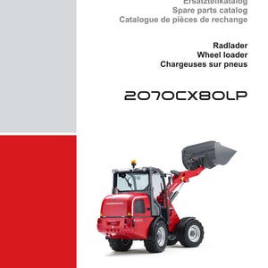 May include: A red and black Weidemann wheel loader, model 2070CX80LP, is featured in this image. The image also includes the text "Ersatzteilkatalog", "Spare parts catalog", and "Catalogue de pi&egrave;ces de rechange".