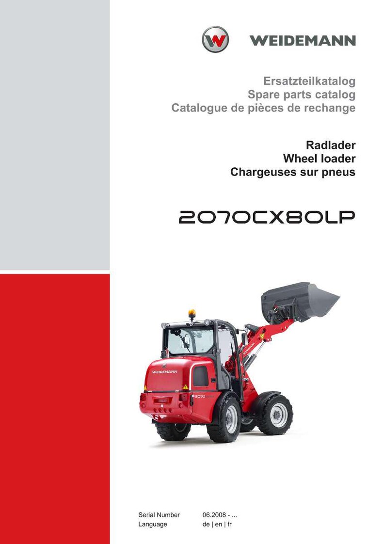 May include: A red and black Weidemann wheel loader, model 2070CX80LP, is featured in this image. The image also includes the text "Ersatzteilkatalog", "Spare parts catalog", and "Catalogue de pi&egrave;ces de rechange".