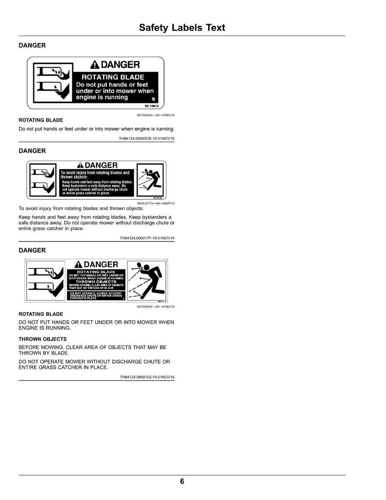 K&ouml;nnte beinhalten: Eine wei&szlig;e Seite mit schwarzem Text und Sicherheitshinweisen. Die Etiketten warnen vor rotierenden Messern und geworfenen Gegenst&auml;nden. Der Text enth&auml;lt "GEFAHR" und Anweisungen zur Vermeidung von Verletzungen. Die Seite hat auch die Nummer 6 unten.