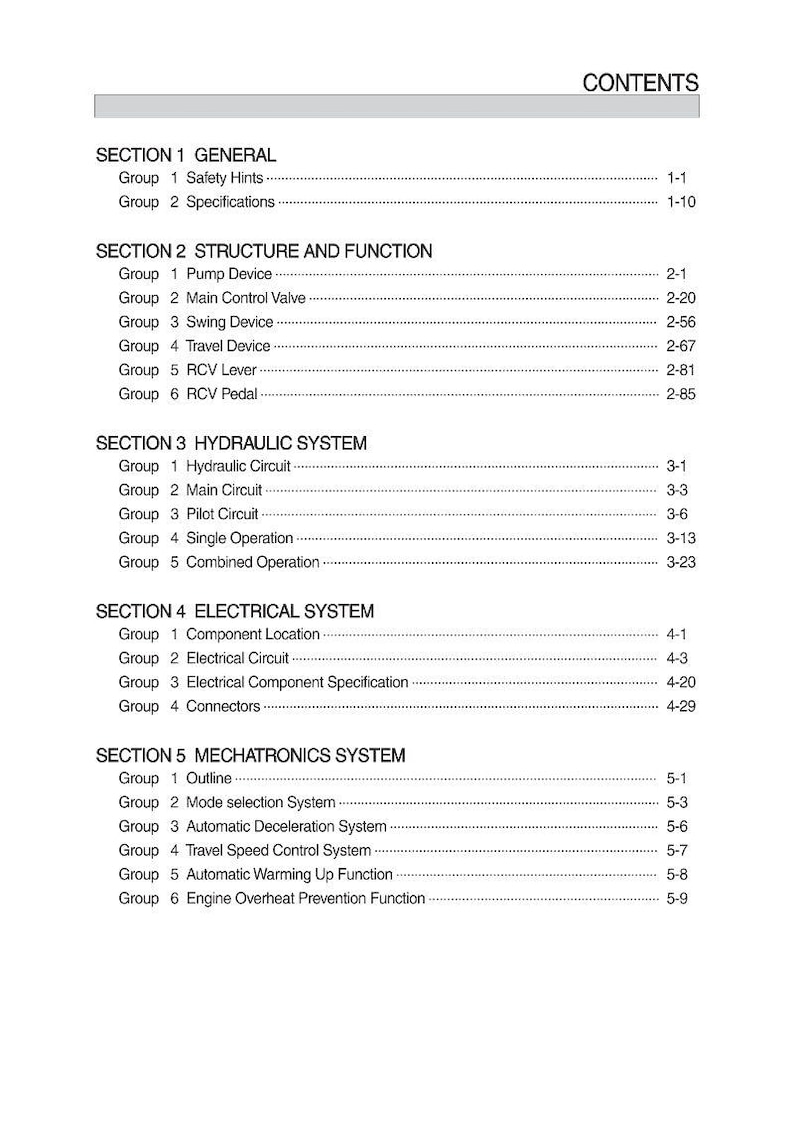 May include: A detailed contents page from a technical manual, featuring a white background with black text. Sections include General, Structure and Function, Hydraulic System, Electrical System, and Mechatronics System, each with sub-sections.