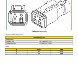 May include: Technical diagram of an electrical connector, featuring two views. The image includes a component information table detailing pin numbers, circuits, and wire colors. The connector is labeled RXA0085698-UN: End View.