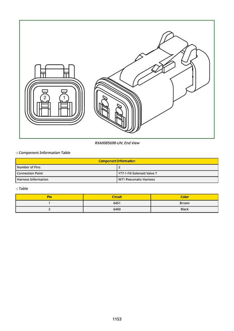 May include: Technical diagram of an electrical connector, featuring two views. The image includes a component information table detailing pin numbers, circuits, and wire colors. The connector is labeled RXA0085698-UN: End View.
