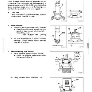 May include: Diagram of swing motor assembly with labeled parts and instructions. Includes illustrations of outer race, shaft assembly, and belleville spring installation. Measurements are in millimeters and kilonewtons.