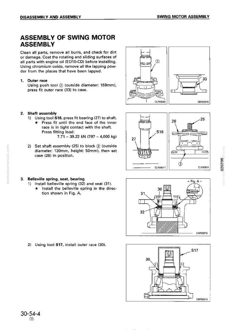May include: Diagram of swing motor assembly with labeled parts and instructions. Includes illustrations of outer race, shaft assembly, and belleville spring installation. Measurements are in millimeters and kilonewtons.