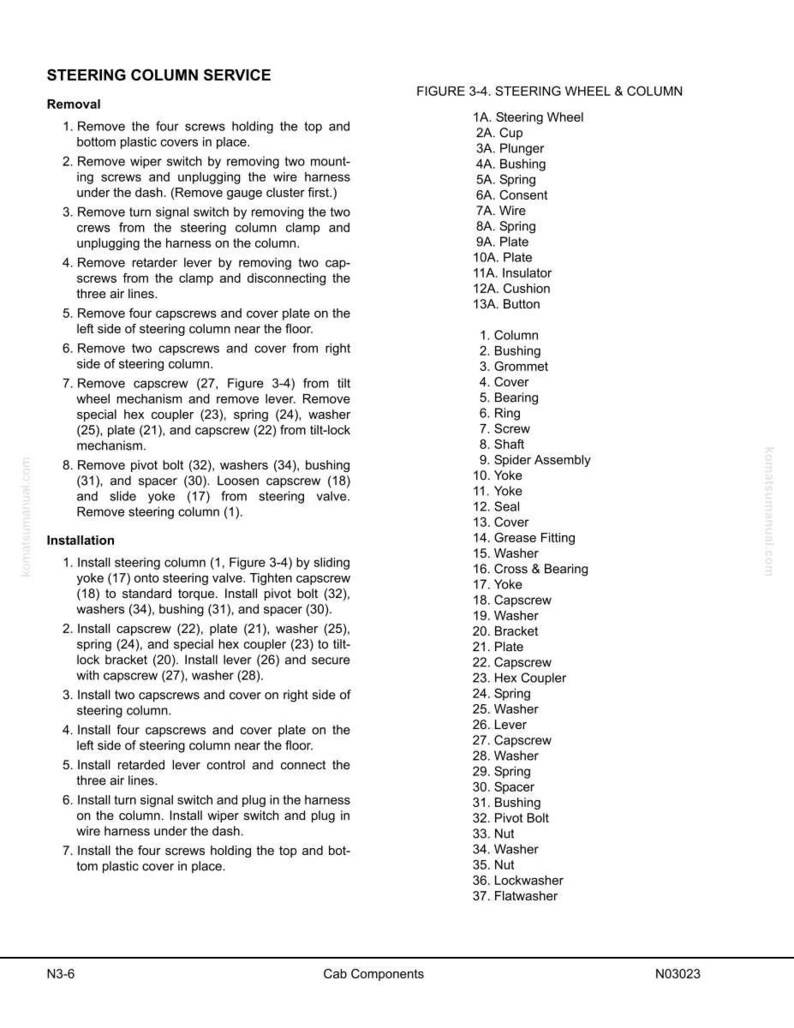 Puede incluir: Un diagrama detallado de un manual, titulado "SERVICIO DE LA COLUMNA DE DIRECCI&Oacute;N", con instrucciones de extracci&oacute;n e instalaci&oacute;n. Incluye una lista de piezas con componentes numerados como "Columna", "Buje" y "Tornillo de cabeza".