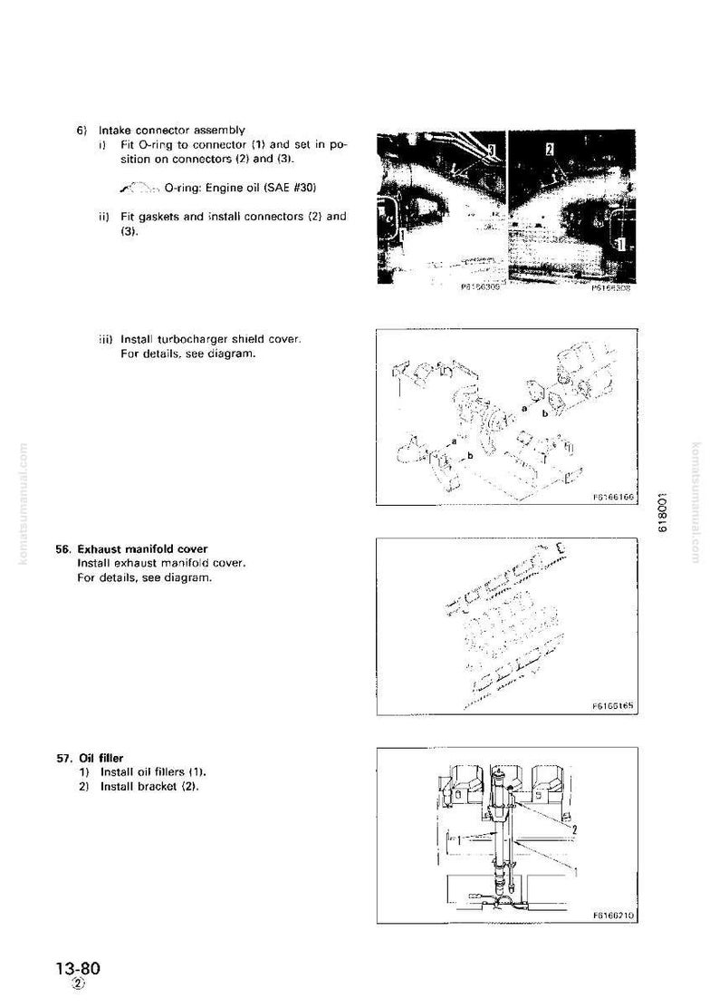 May include: Technical diagram from a manual, showing various engine components. Includes illustrations of an intake connector assembly, exhaust manifold cover, and oil filler. Text includes instructions and part numbers.