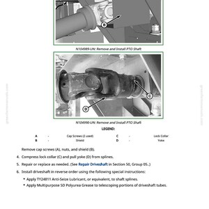 May include: Technical diagram showing the removal and installation of a PTO shaft. The image includes close-up views of the shaft components, labeled with letters A through D, and instructions for disassembly and reassembly. The text includes specific instructions for applying lubricants.