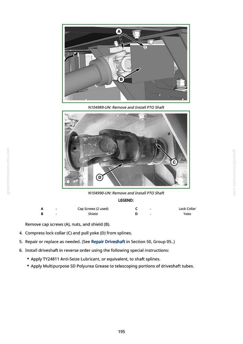 May include: Technical diagram showing the removal and installation of a PTO shaft. The image includes close-up views of the shaft components, labeled with letters A through D, and instructions for disassembly and reassembly. The text includes specific instructions for applying lubricants.