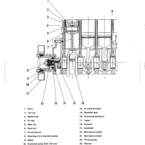 Puede incluir: Diagrama detallado de un cuerpo de motor, mostrando componentes internos como pistones, anillos y engranajes. La ilustraci&oacute;n t&eacute;cnica incluye etiquetas y medidas en mil&iacute;metros, que muestran la estructura del motor.