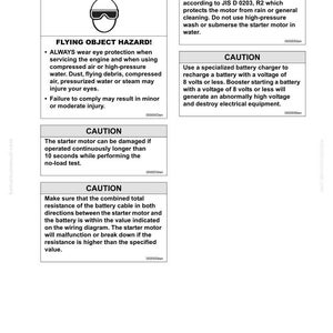 May include: A manual page with safety warnings. The top section features a "CAUTION" symbol and text about "FLYING OBJECT HAZARD!" Other sections warn about water, battery charging, and starter motor operation. The page is labelled "76E-6 Series."