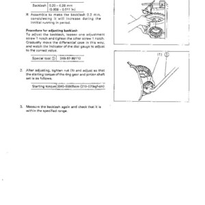 May include: Diagram from a manual detailing differential support bearing adjustment. Text includes instructions for adjusting backlash, with measurements in inches and Newton-centimeters. Illustrations show the process with labeled parts.