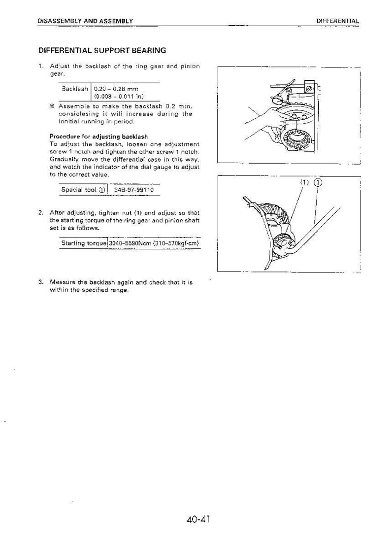 May include: Diagram from a manual detailing differential support bearing adjustment. Text includes instructions for adjusting backlash, with measurements in inches and Newton-centimeters. Illustrations show the process with labeled parts.