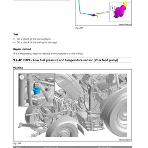 Puede incluir: Diagrama t&eacute;cnico de un manual de tractor Fendt que muestra el sistema el&eacute;ctrico. Incluye esquemas de cableado y ubicaciones de sensores, con enfoque en el sensor de baja presi&oacute;n y temperatura de combustible, con etiquetas de componentes.