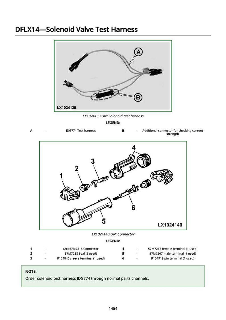 May include: Diagram of a solenoid valve test harness, labeled DFLX14, with detailed illustrations of connectors and terminals. Includes text labels and part numbers for each component, with a note for ordering.