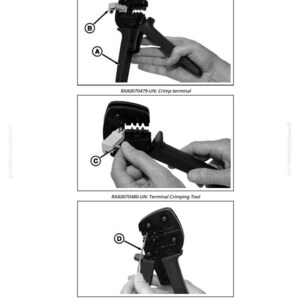 May include: A technical diagram illustrating the use of a crimp terminal tool. The image shows three stages of the tool's operation. The tool is black with a grey metal crimping head. Text in the image includes "Crimp terminal" and "Terminal Crimping Tool."