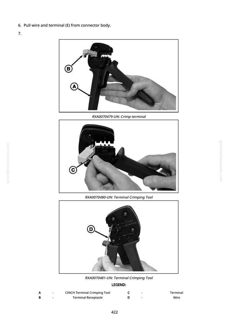 May include: A technical diagram illustrating the use of a crimp terminal tool. The image shows three stages of the tool's operation. The tool is black with a grey metal crimping head. Text in the image includes "Crimp terminal" and "Terminal Crimping Tool."