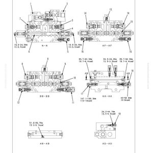 Pu&ograve; includere: Diagramma dettagliato di un gruppo valvola di controllo, con pi&ugrave; viste sezionate (N-N, AF-AF, BB-BB, AA-AA, AB-AB, AD-AD). Misure in Nm e kgm, con componenti numerati e annotazioni tecniche.