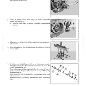 May include: Diagram of rear axle disassembly and assembly steps. Includes images of mechanical components, such as washers, bearings, and a pinion, with numbered labels. Text instructions accompany each step, detailing the process.